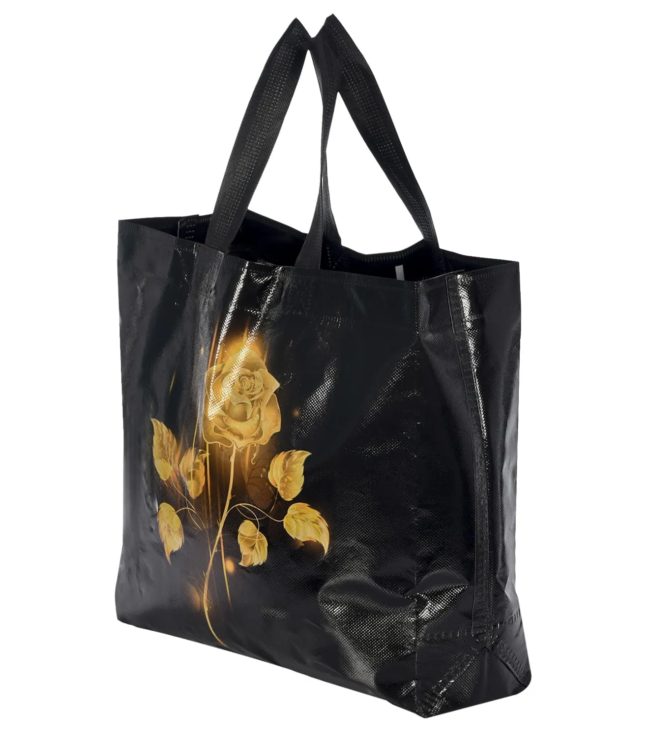 Kuber Industries Rose Printed Laminated Non Woven Party Favor Gift Bag, Tote Bag, Carry Bags with Handles- Pack of 12 (Black)-50KM01134