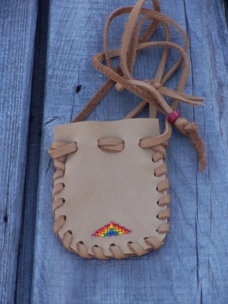 leather bag , beaded rainbow pouch, drawstring bag