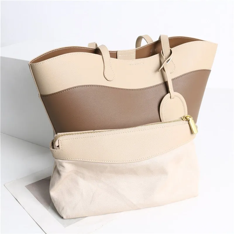 Leather Bucket Shopper Tote Bag with Zipper Pouch for Women