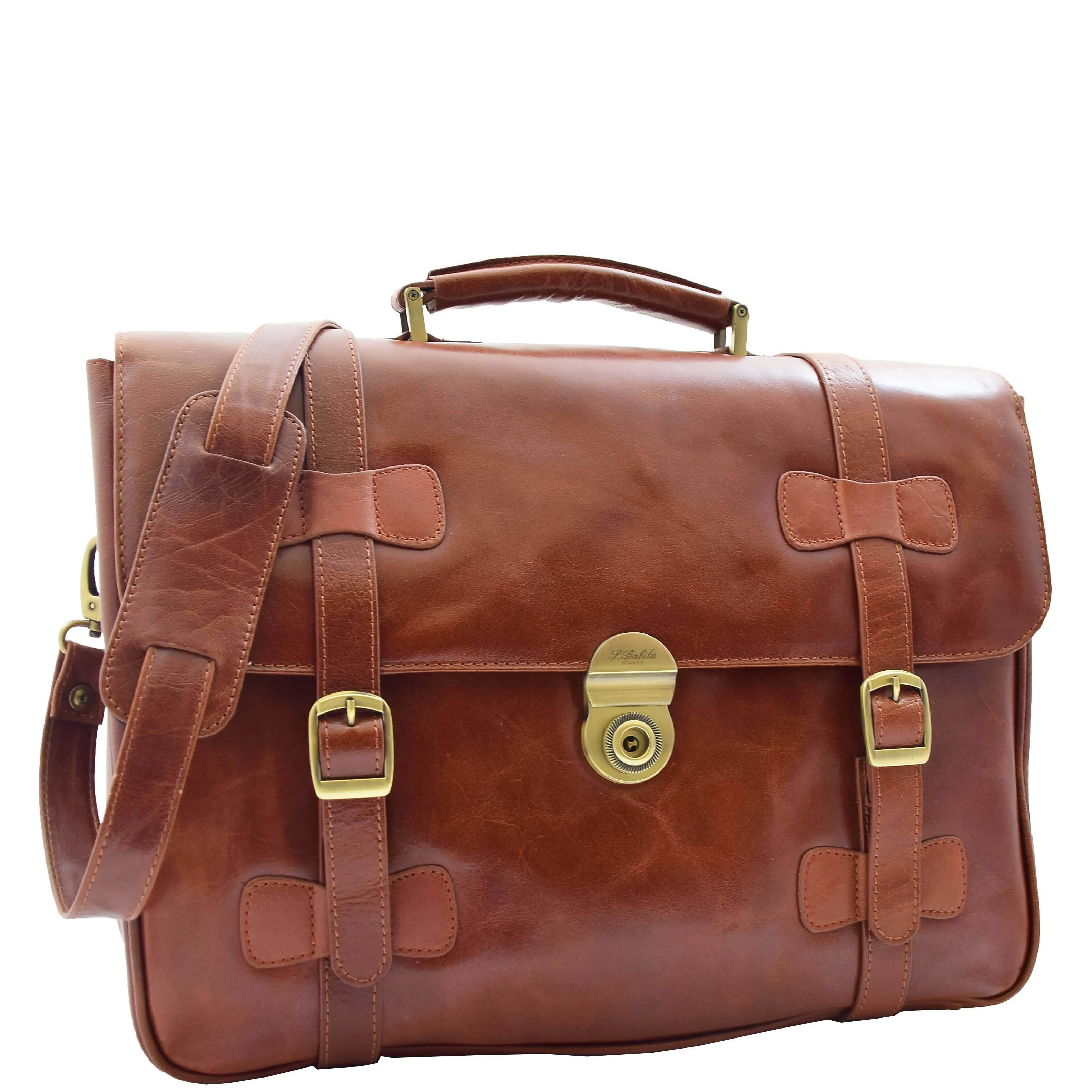 Mens Leather Briefcase Cross Body Bag Snowshill Cognac