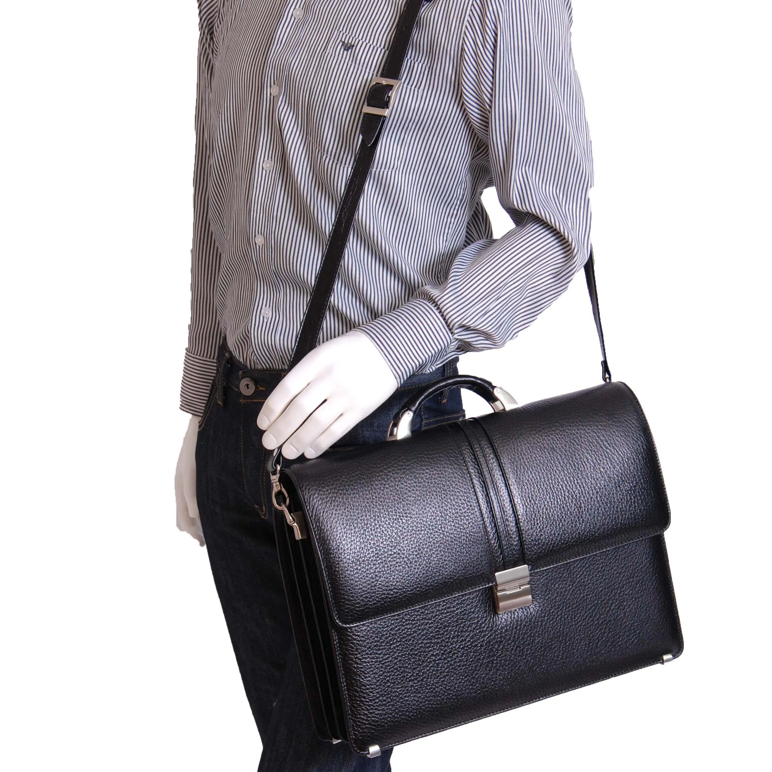 Mens Real Leather Briefcase Classic Bag Organiser CARTER Black