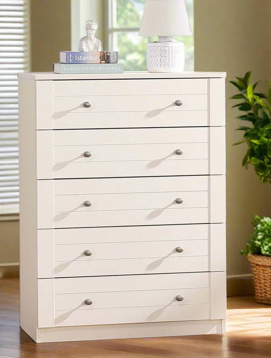 MerryLuk Harriet Chest of Drawer 5 Drawers Tallboy White Dresser