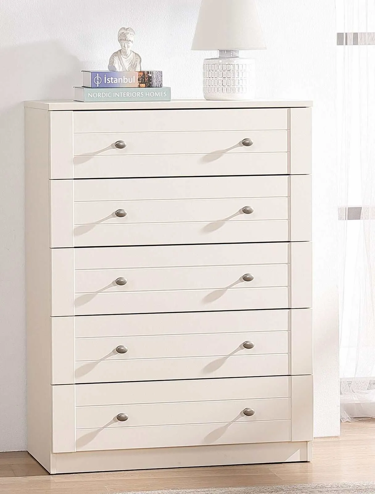 MerryLuk Harriet Chest of Drawer 5 Drawers Tallboy White Dresser