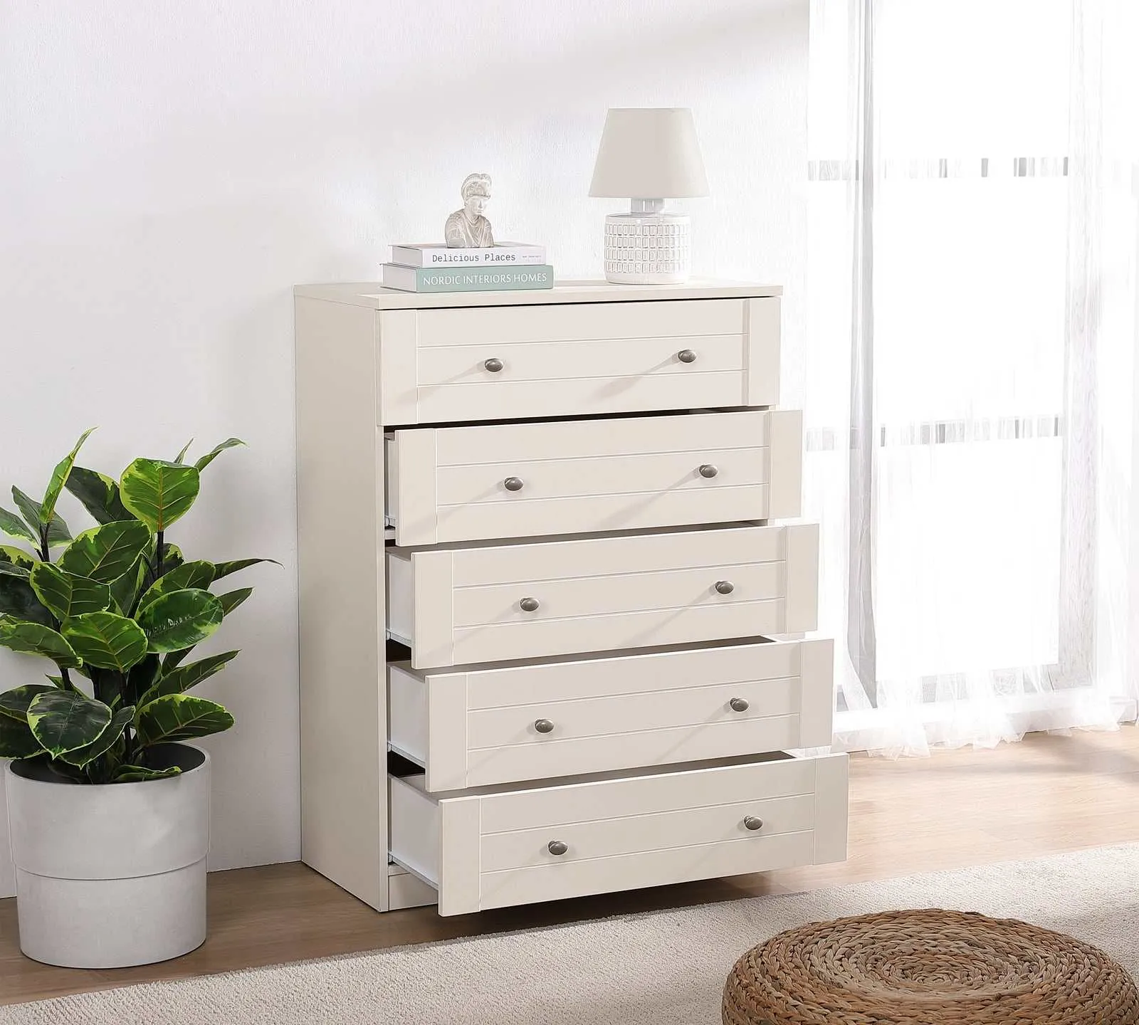 MerryLuk Harriet Chest of Drawer 5 Drawers Tallboy White Dresser