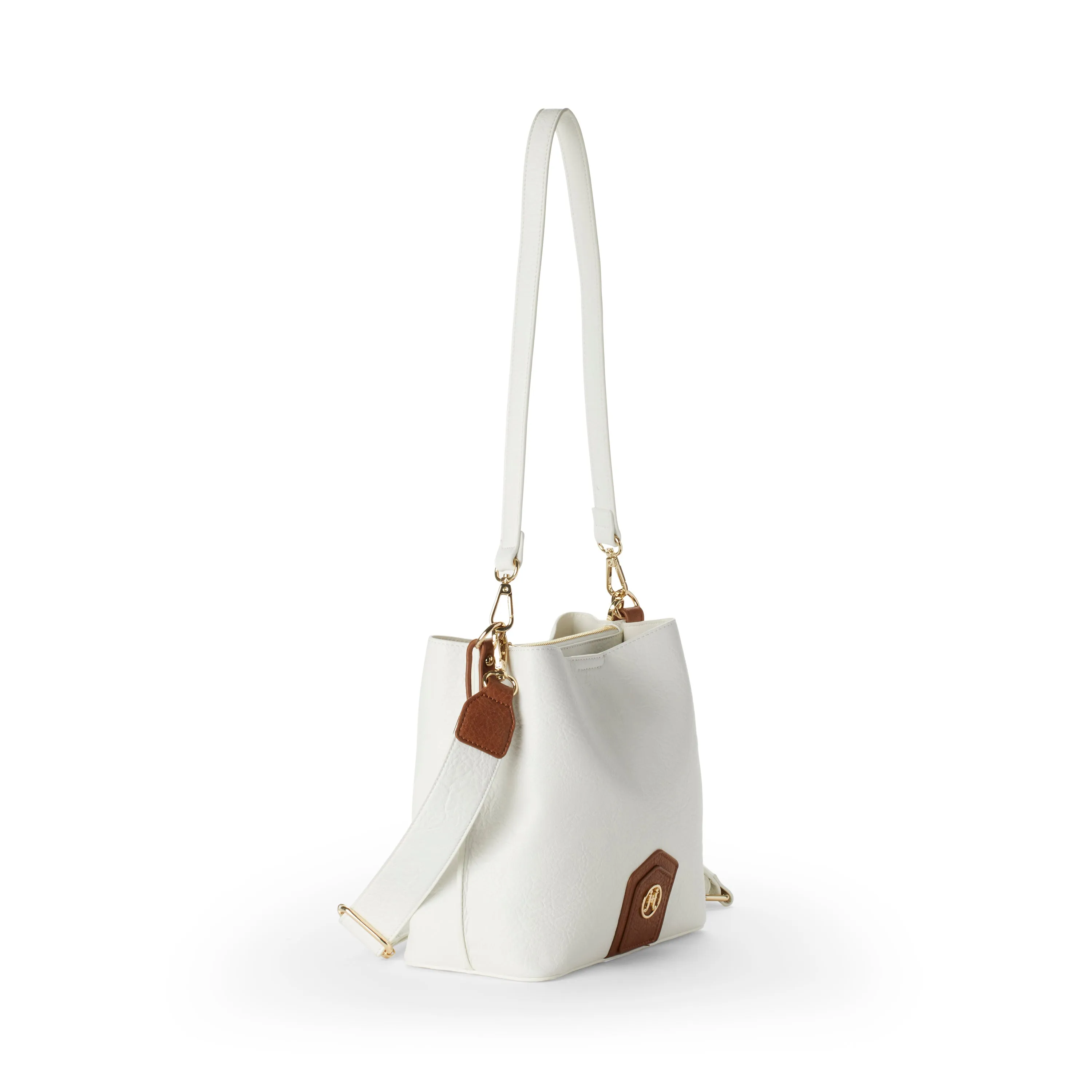 NAOMI Vegan Crossbody Bucket Bag in White   Camel