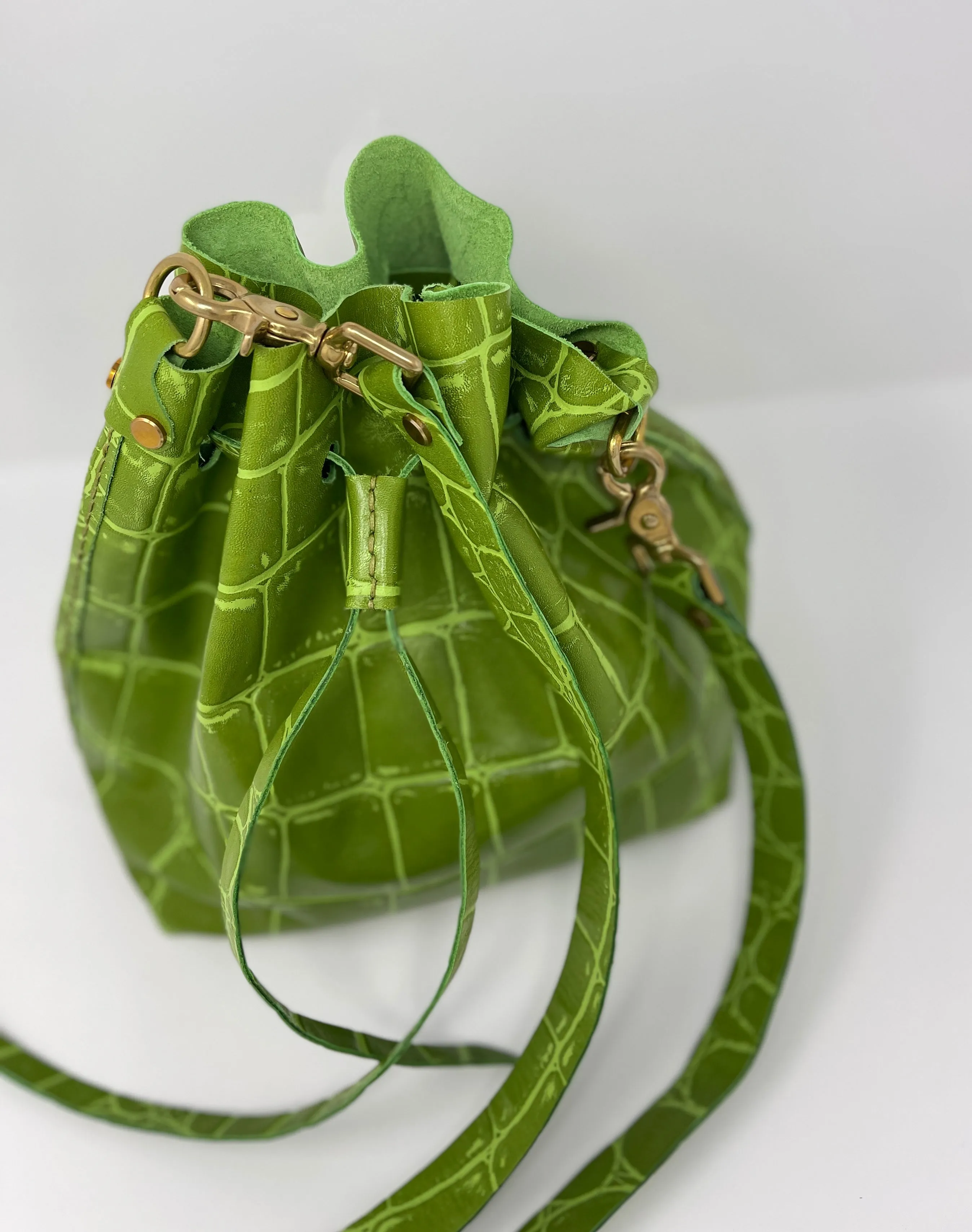 Olive Green Jumbo Croc Embossed Leather Drawstring Crossbody Bucket Bag