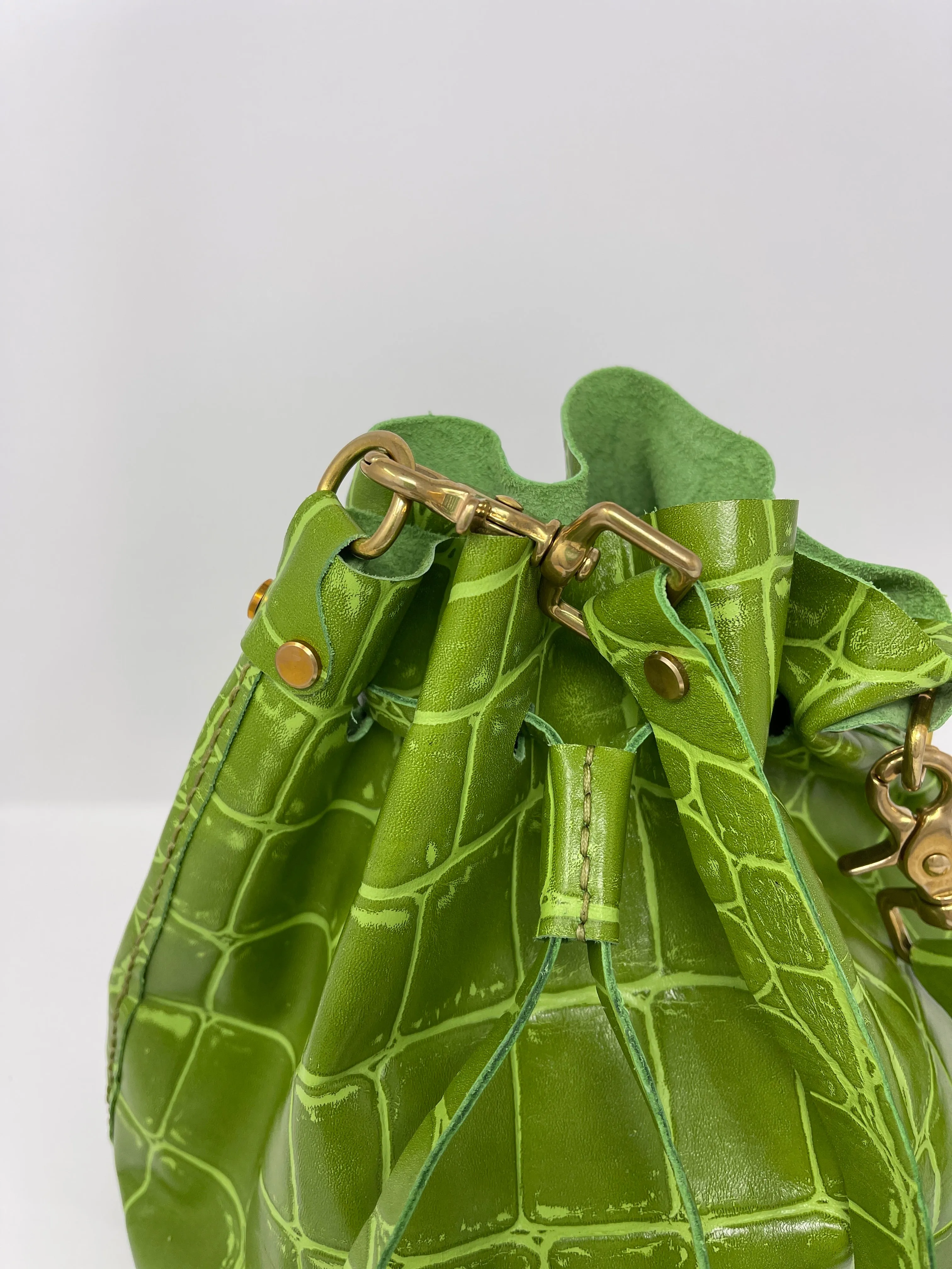 Olive Green Jumbo Croc Embossed Leather Drawstring Crossbody Bucket Bag