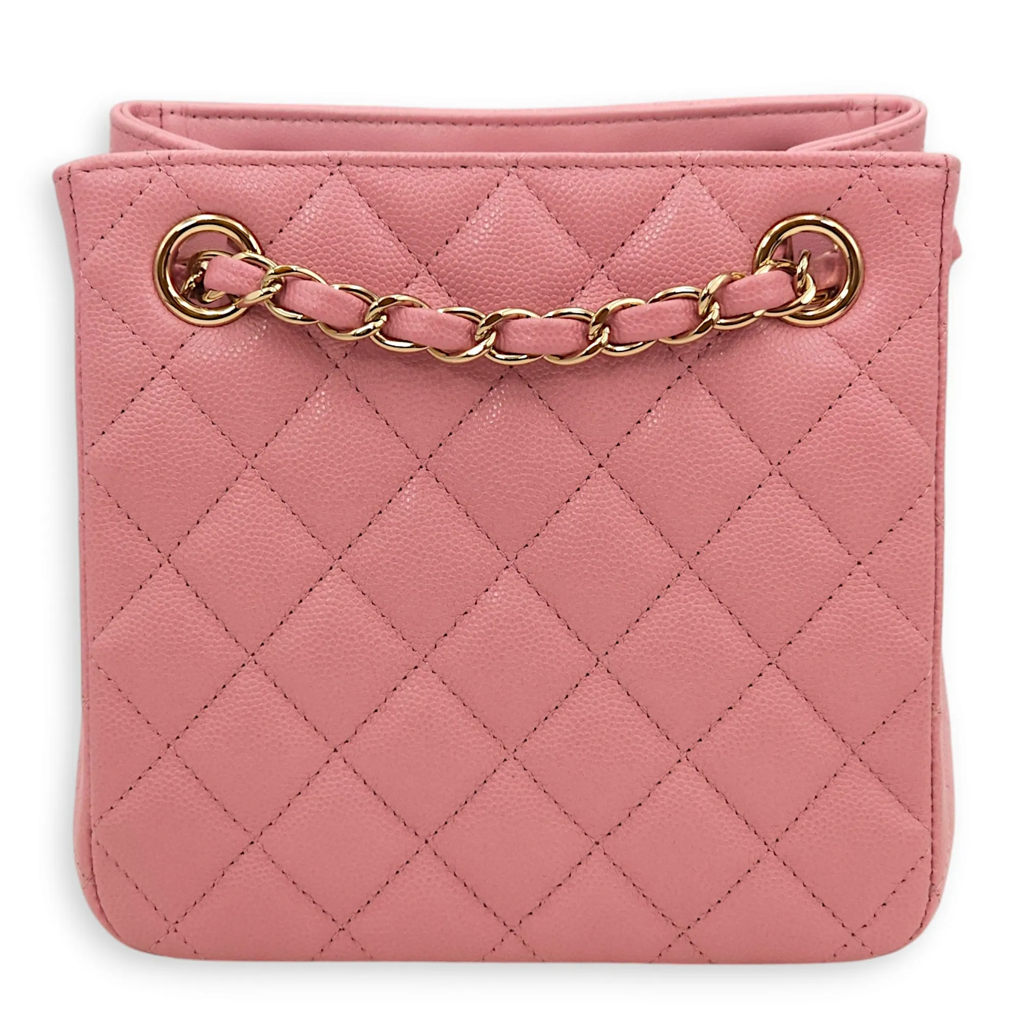 Quilted Bucket Mini Pink Shoulder Bag in Caviar, Gold hardware