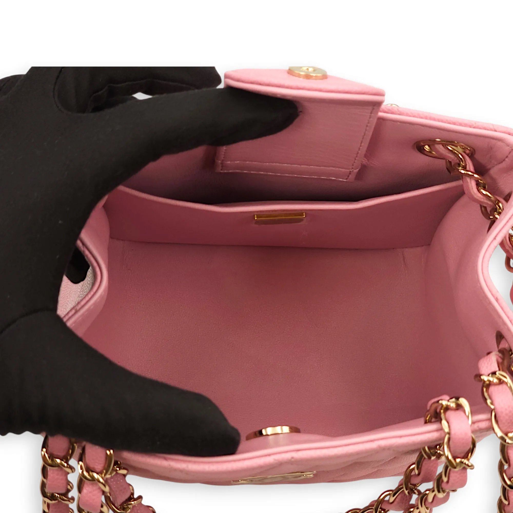 Quilted Bucket Mini Pink Shoulder Bag in Caviar, Gold hardware