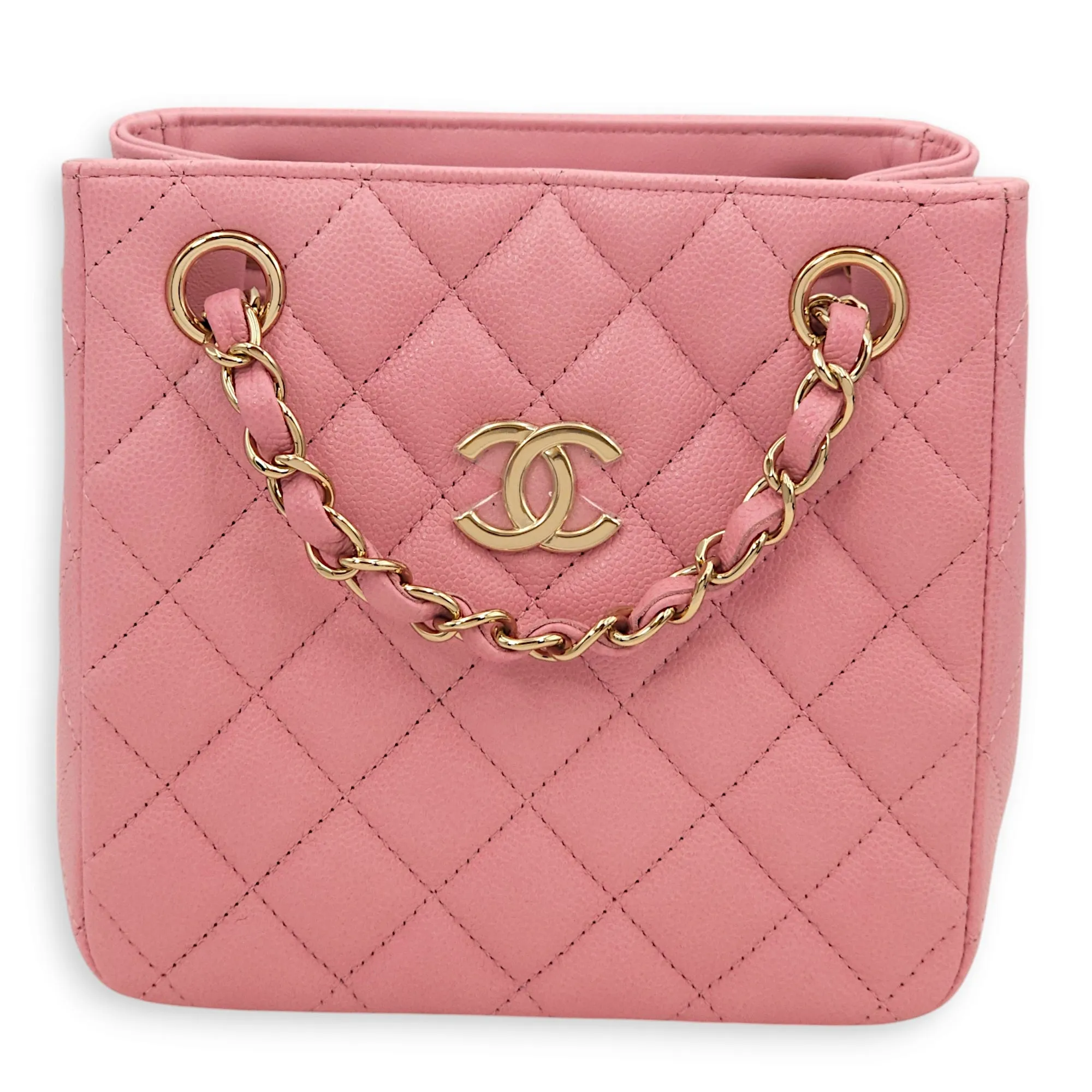 Quilted Bucket Mini Pink Shoulder Bag in Caviar, Gold hardware