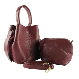 RB1006X | Elegant Bordeaux Genuine Leather Bucket Handbag with Internal Pouch