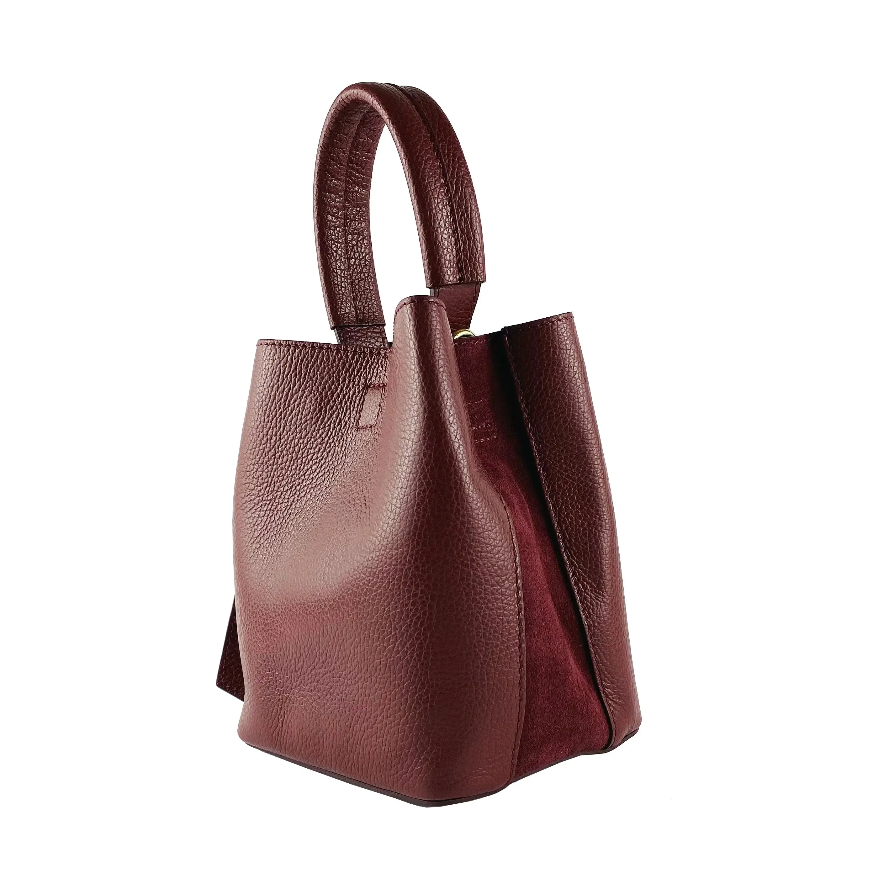 RB1006X | Elegant Bordeaux Genuine Leather Bucket Handbag with Internal Pouch