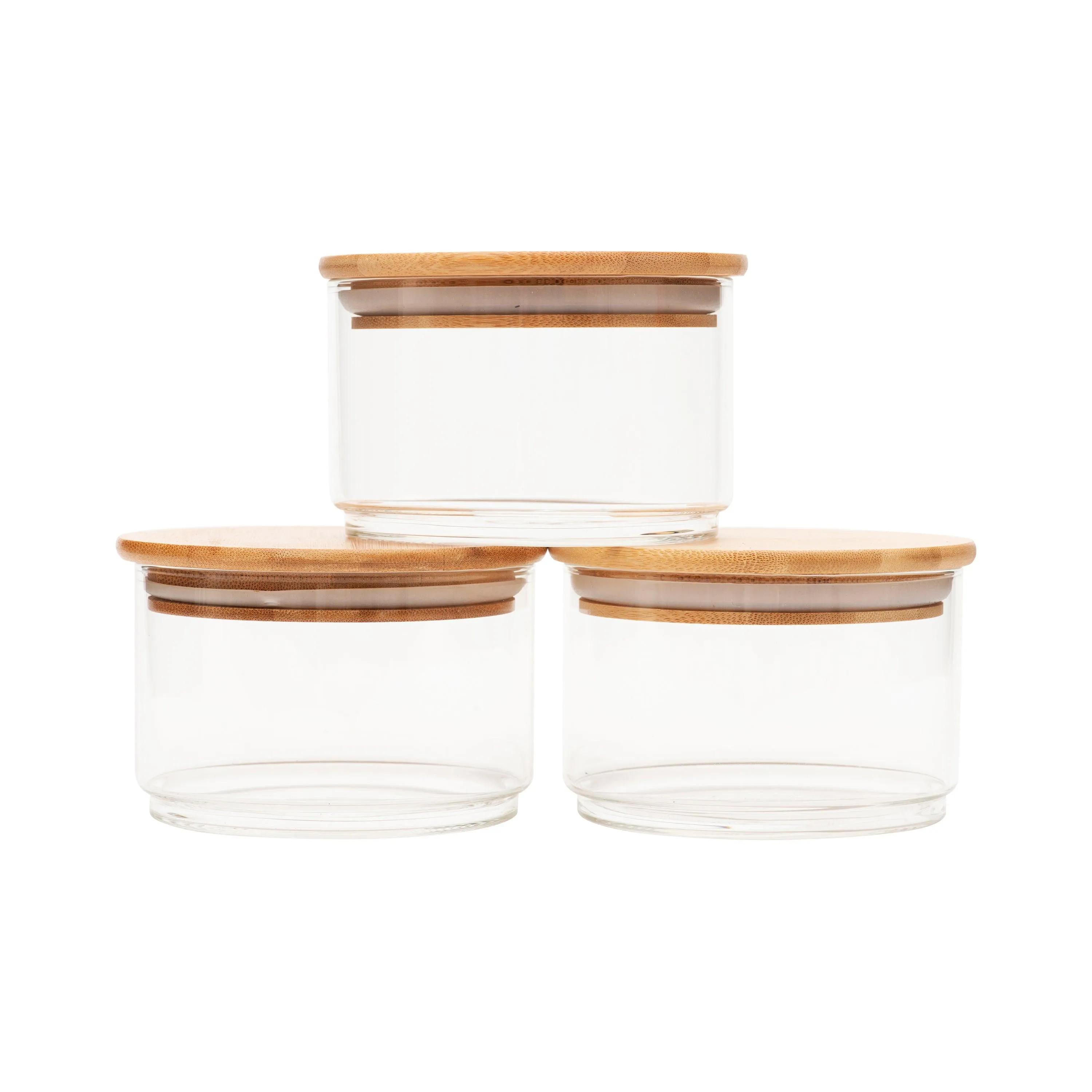 Round Stackable Bamboo Glass Jar Small Pack x 3