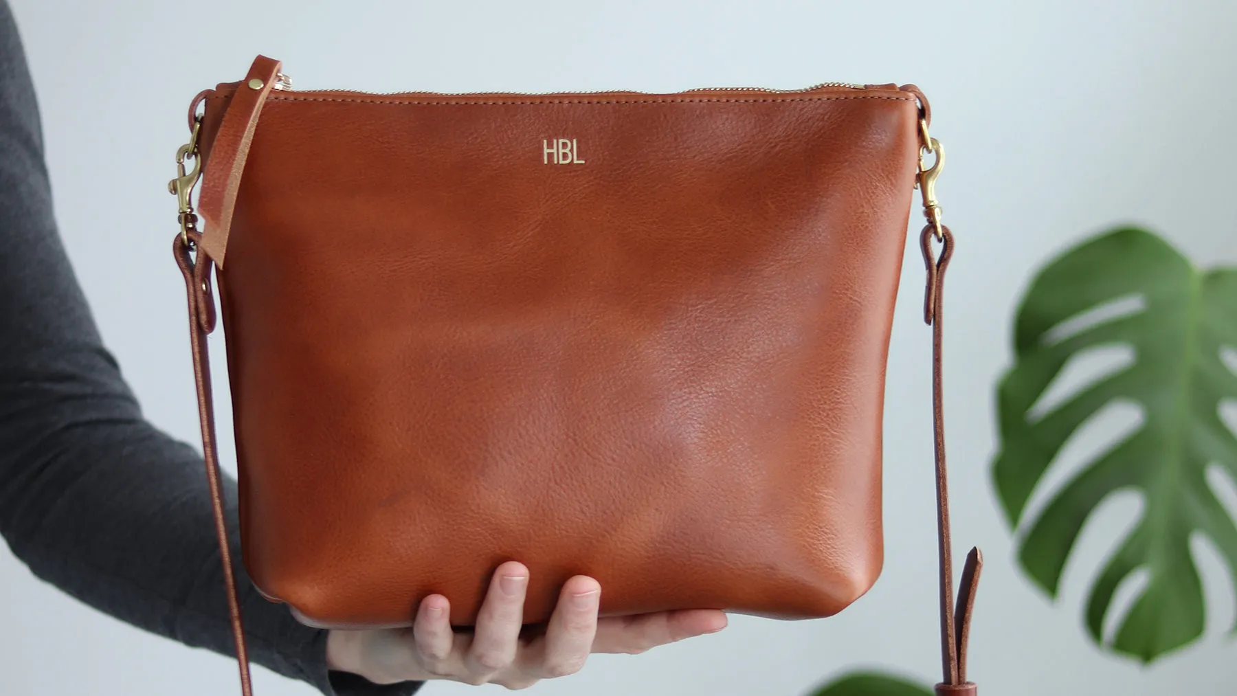 Sale - Crossbody Bag with Monogram - Saddle Brown