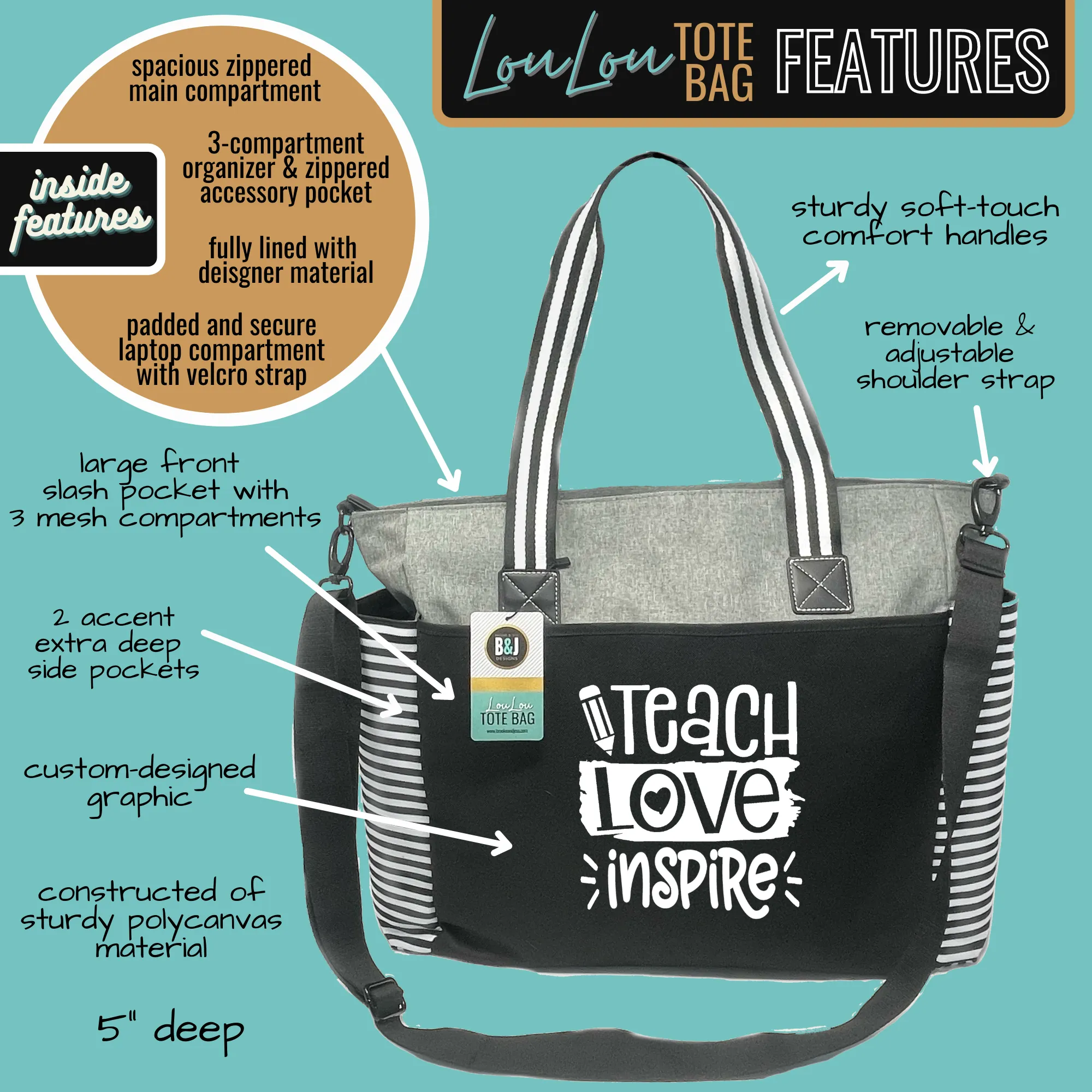 Teach Love  Inspire LouLou Gray Tote Bag for Teachers