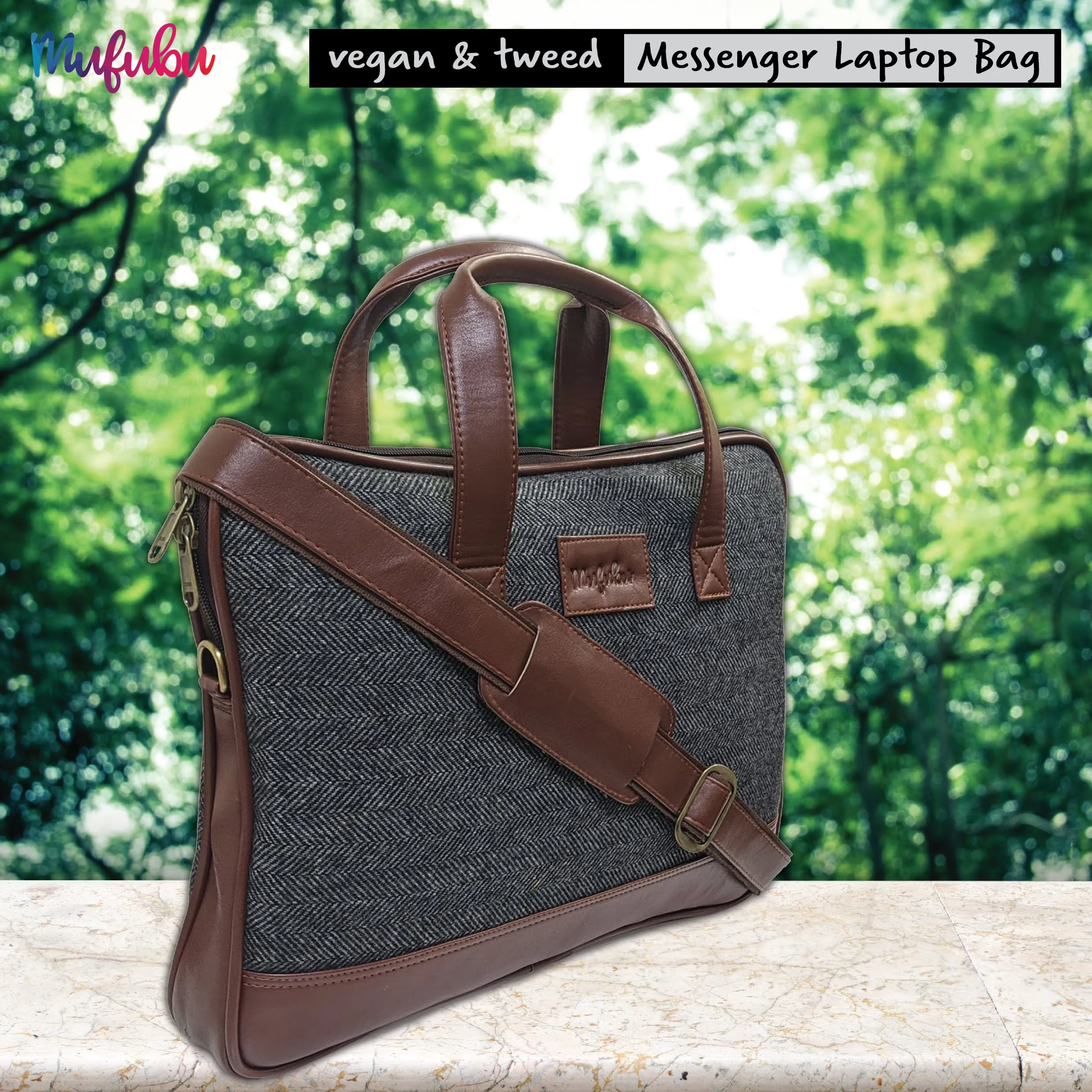 Vegan and Tweed Laptop Messenger Bag - Tanned Grey