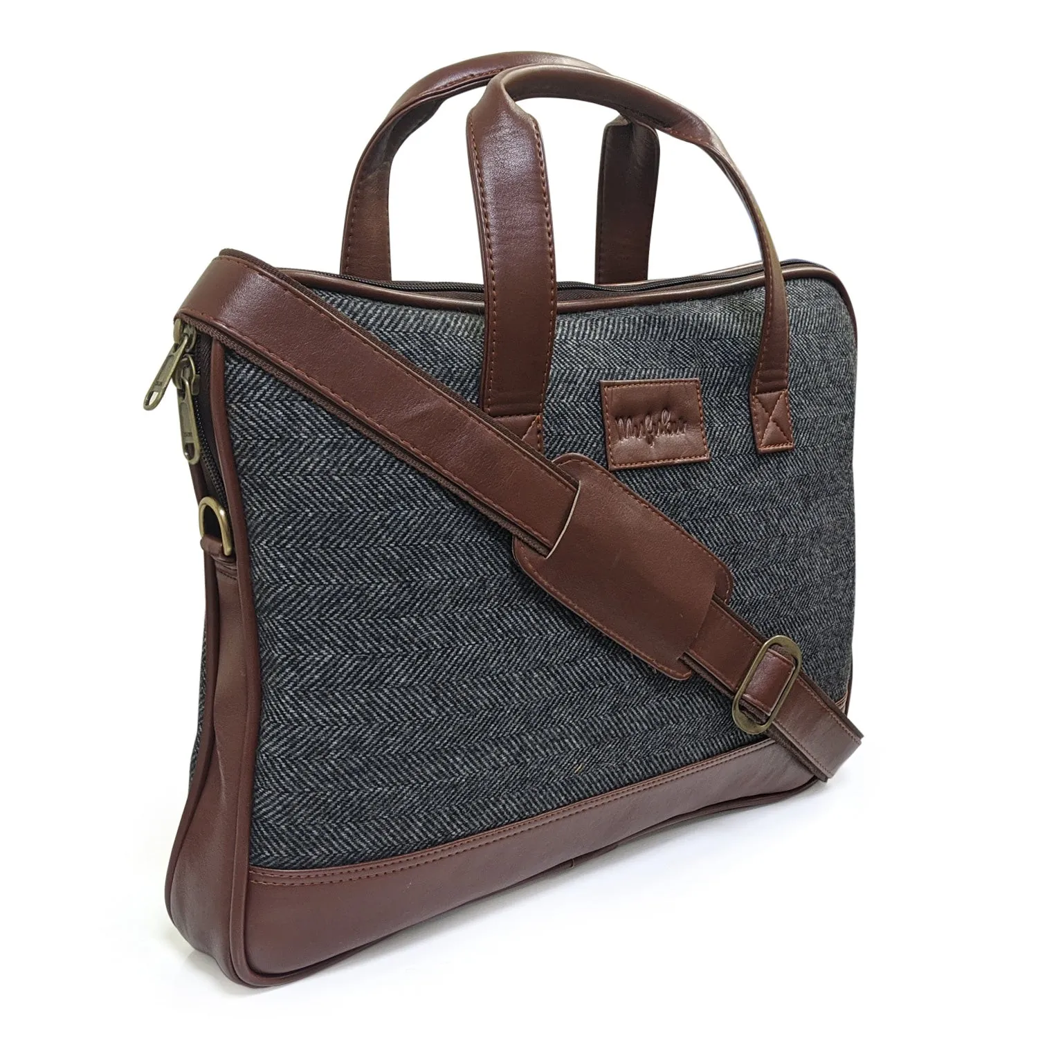 Vegan and Tweed Laptop Messenger Bag - Tanned Grey