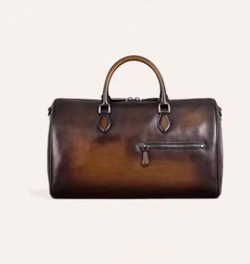 Vintage Smooth Leather Travel Duffel Bag With Zipper