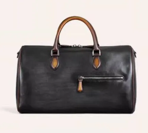 Vintage Smooth Leather Travel Duffel Bag With Zipper