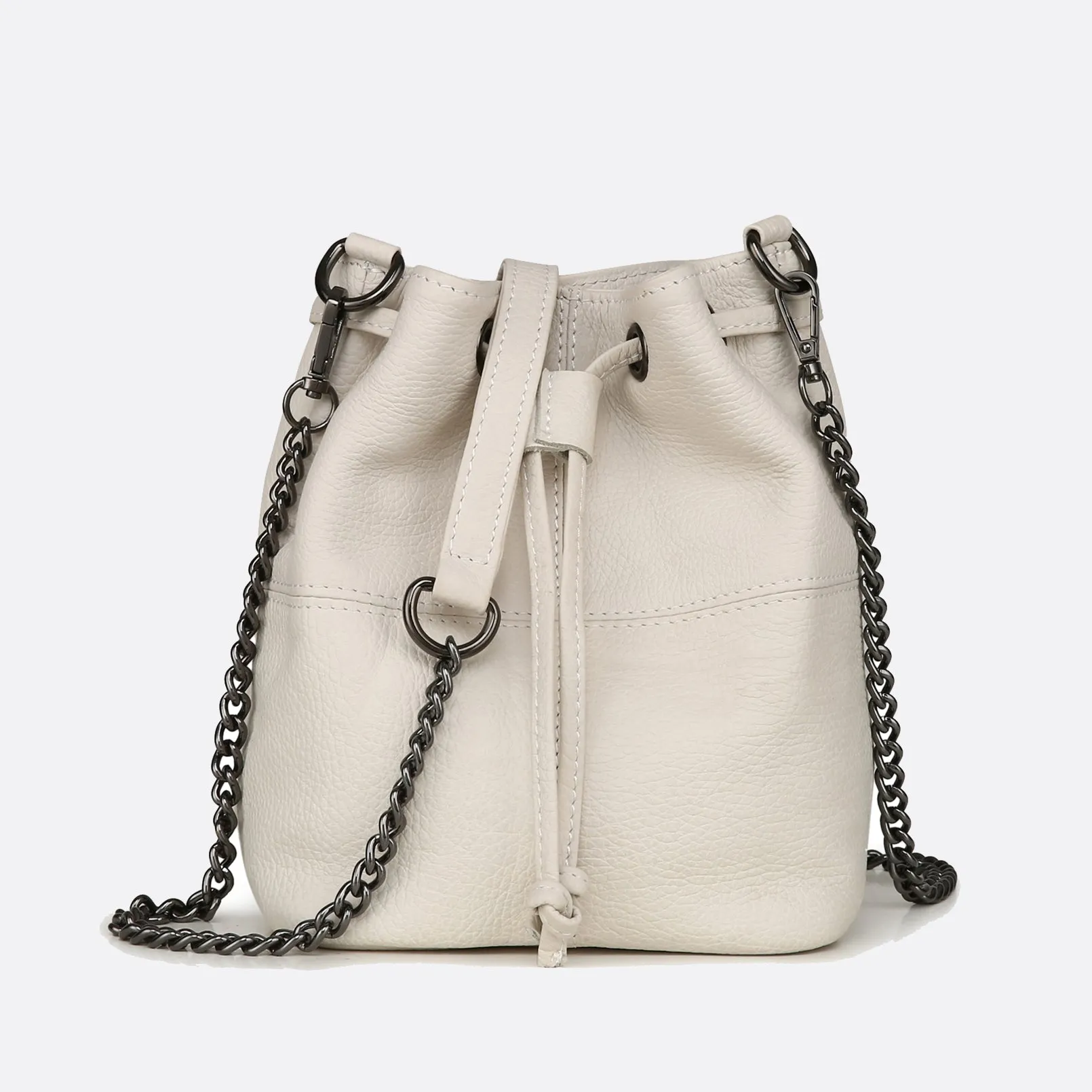 Women's genuine cowhide leather mini bucket bag with 2 straps