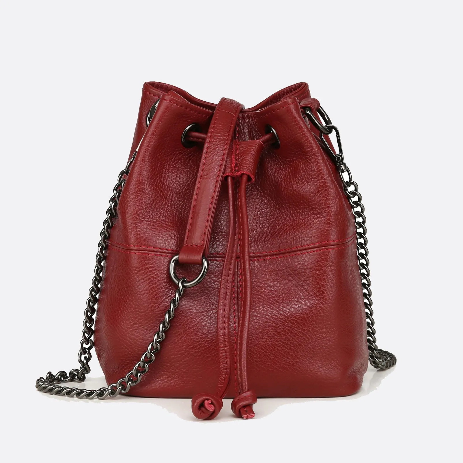 Women's genuine cowhide leather mini bucket bag with 2 straps