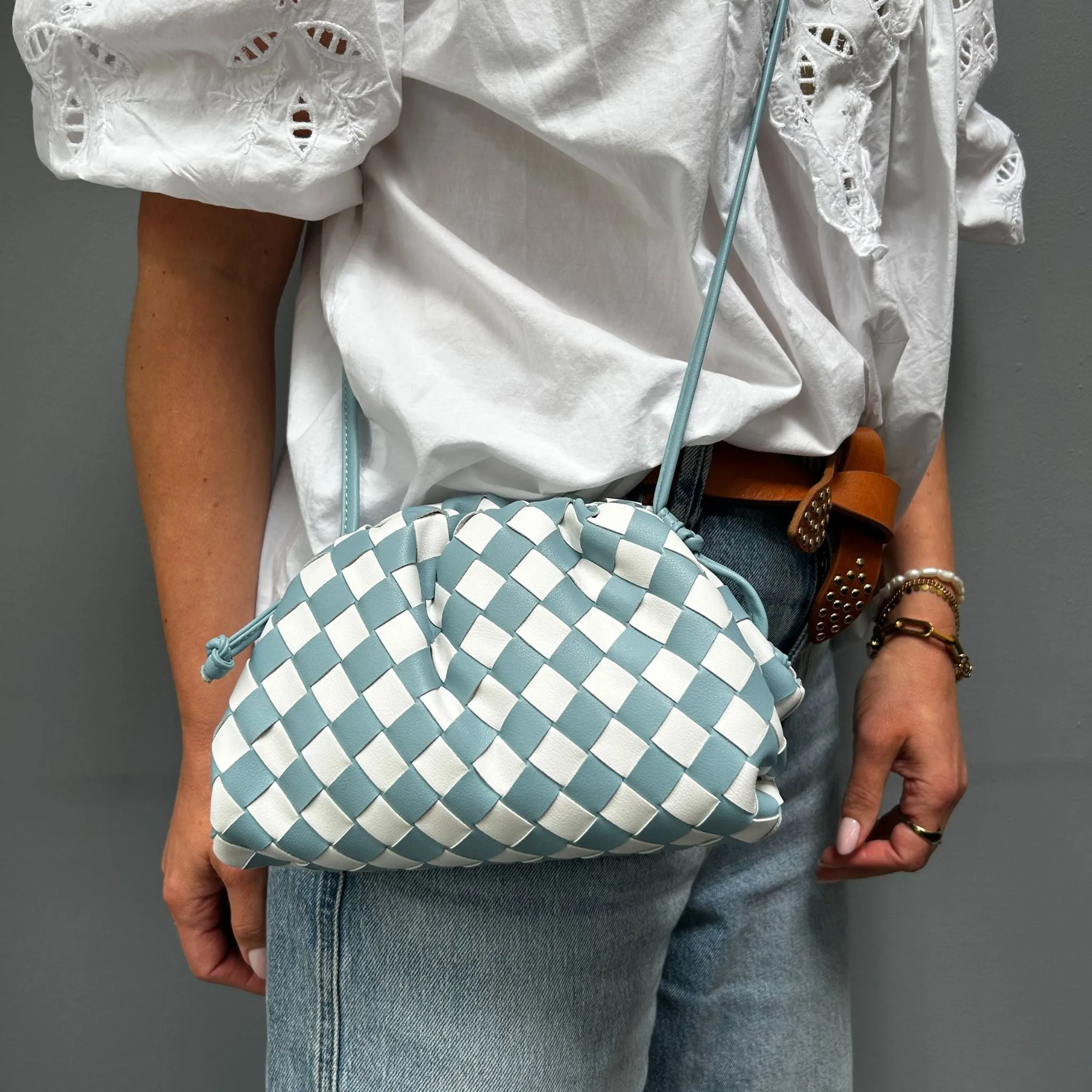 Woven Leather Checkerboard Shoulder Bag Blue