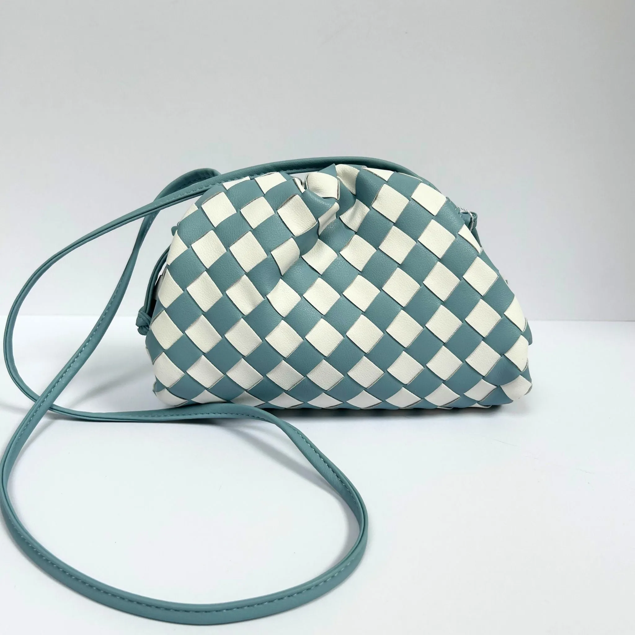 Woven Leather Checkerboard Shoulder Bag Blue